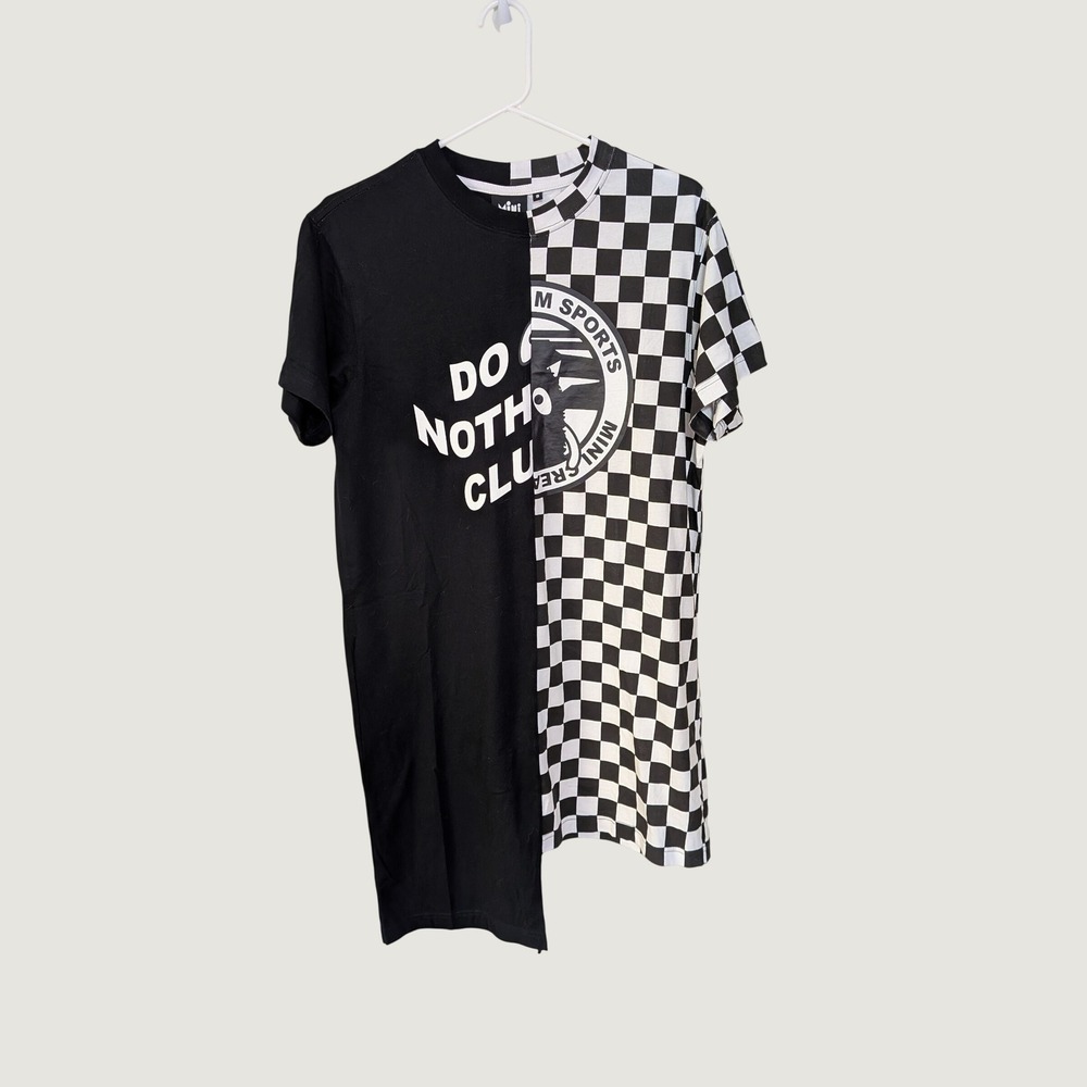 Mini Cream Checkerboard Asymmetrical Streetwear T-Shirt Dress Small